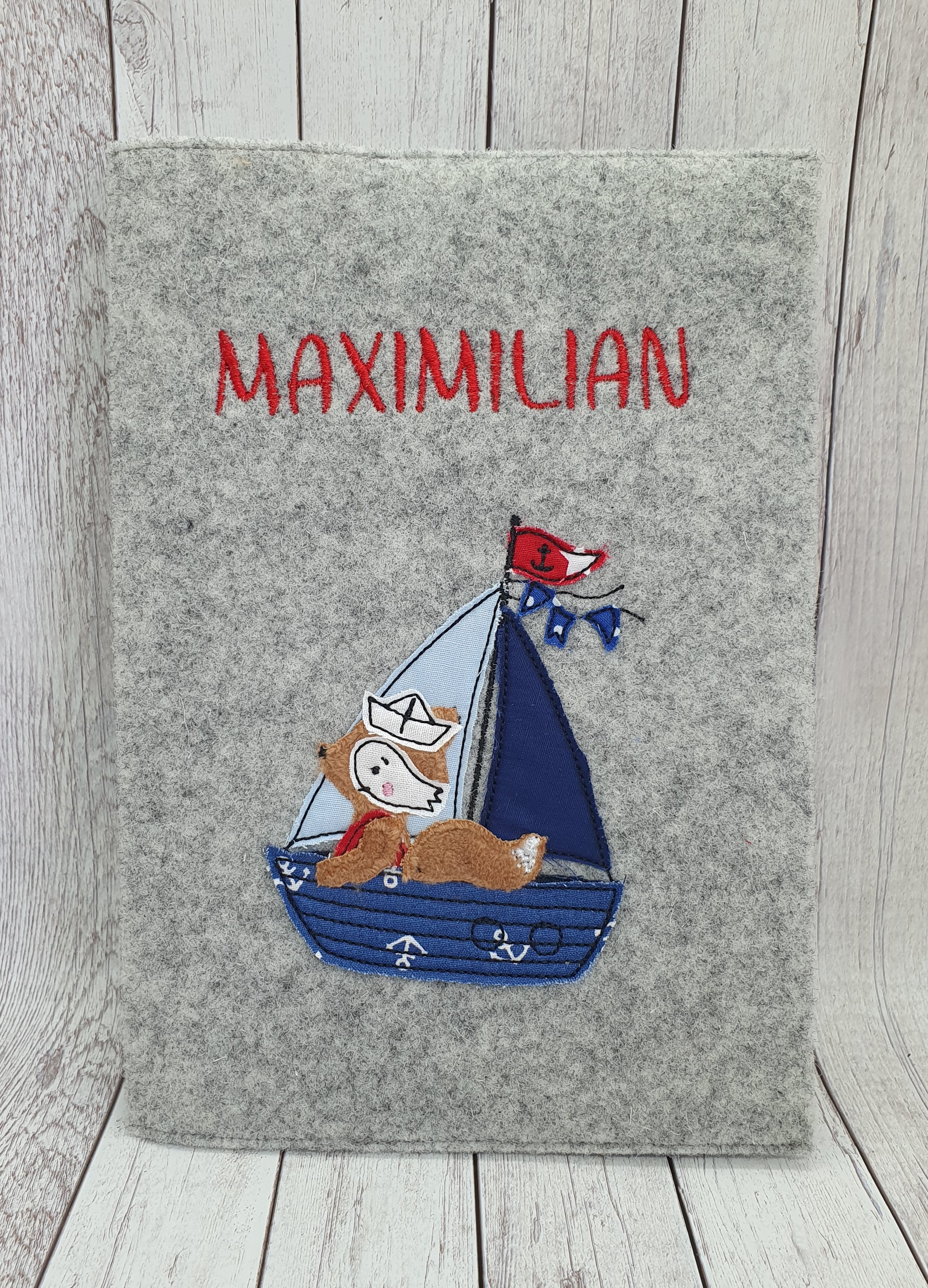 Uhefthülle Name + Fuchs Junge im Boot 